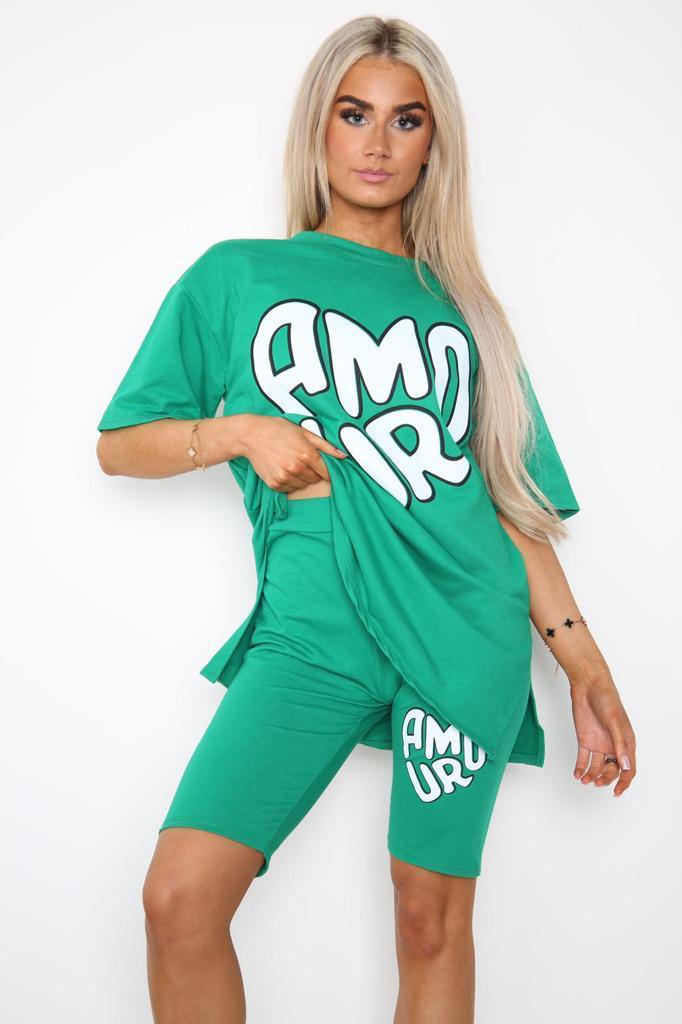 Cycling Short and T-Shirts Co-Ord Two Piece Side Slit Set with Front Printed Slogan 8 Cycling Short and T-Shirts Co-Ord Two Piece Side Slit Set with Front Printed Slogan - Image 8