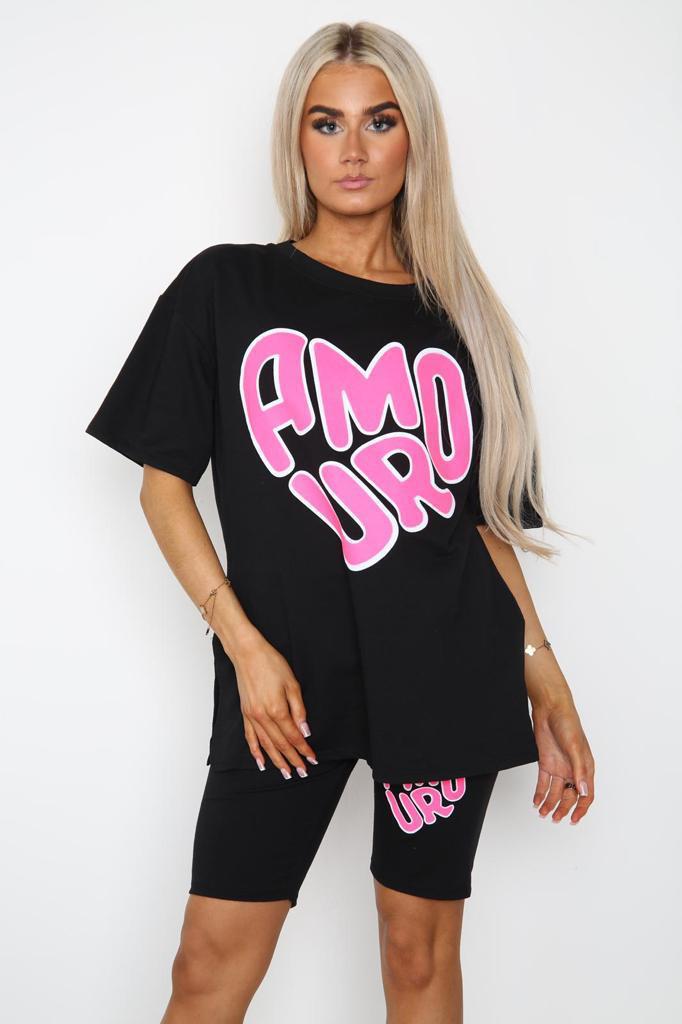 Cycling Short and T-Shirts Co-Ord Two Piece Side Slit Set with Front Printed Slogan 1 Cycling Short and T-Shirts Co-Ord Two Piece Side Slit Set with Front Printed Slogan