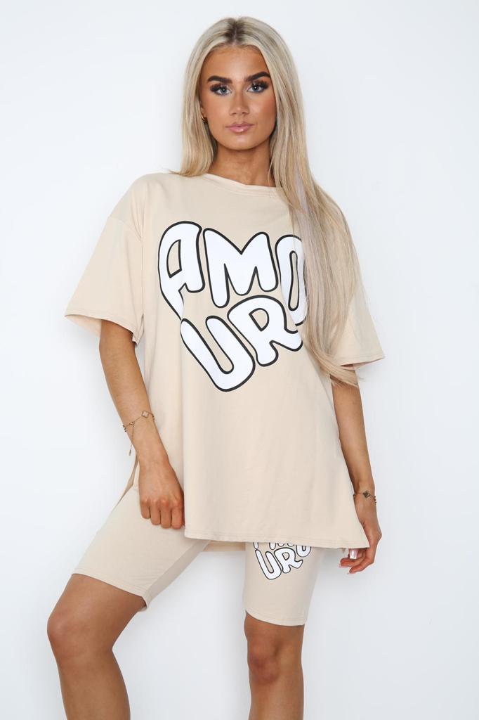 Cycling Short and T-Shirts Co-Ord Two Piece Side Slit Set with Front Printed Slogan 10 Cycling Short and T-Shirts Co-Ord Two Piece Side Slit Set with Front Printed Slogan - Image 10
