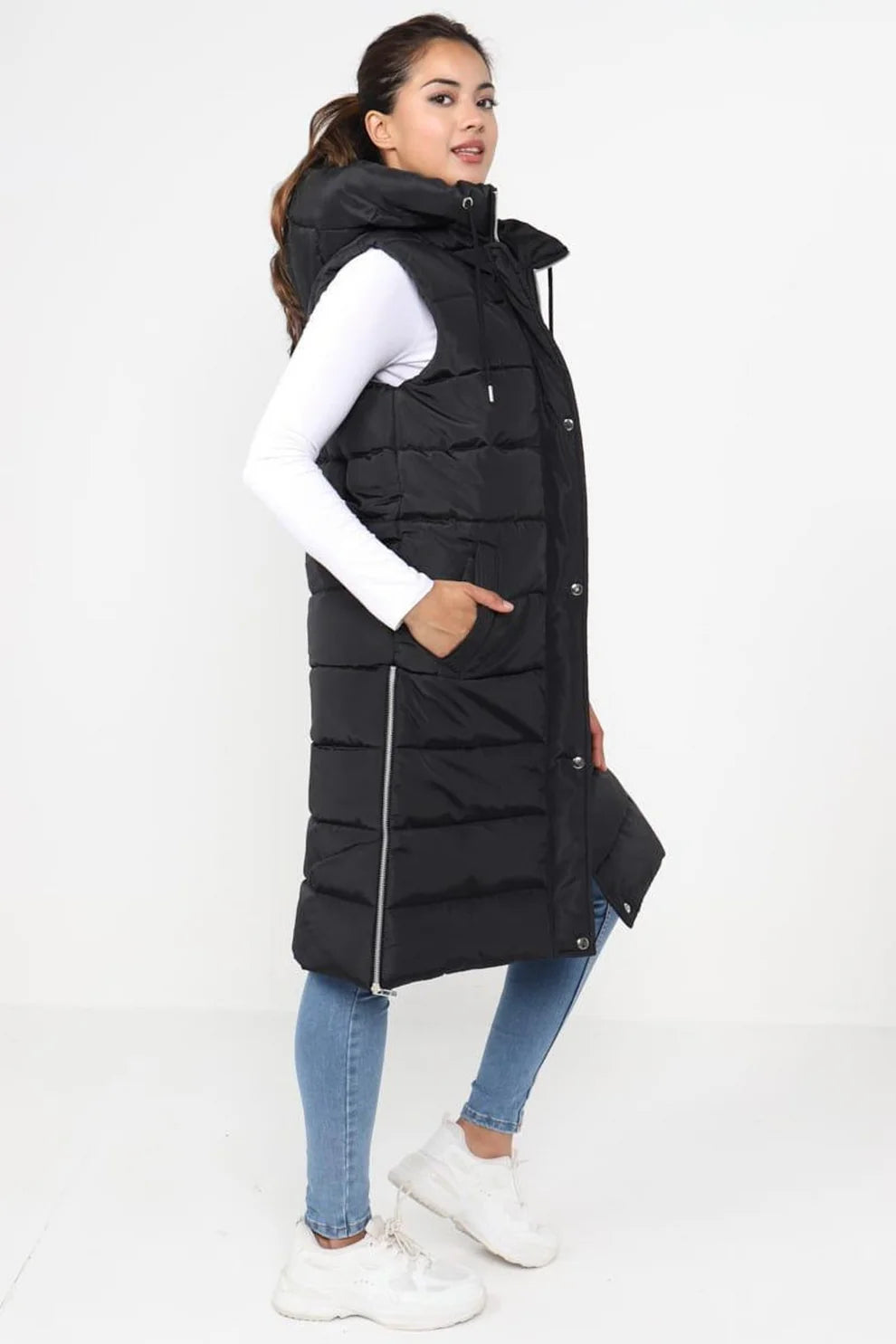 Ladies Girls Long Hooded Puffer Warm Padded Sleeveless Gilet Bodywarmer Zipper 2 Ladies Girls Long Hooded Puffer Warm Padded Sleeveless Gilet Bodywarmer Zipper - Image 2