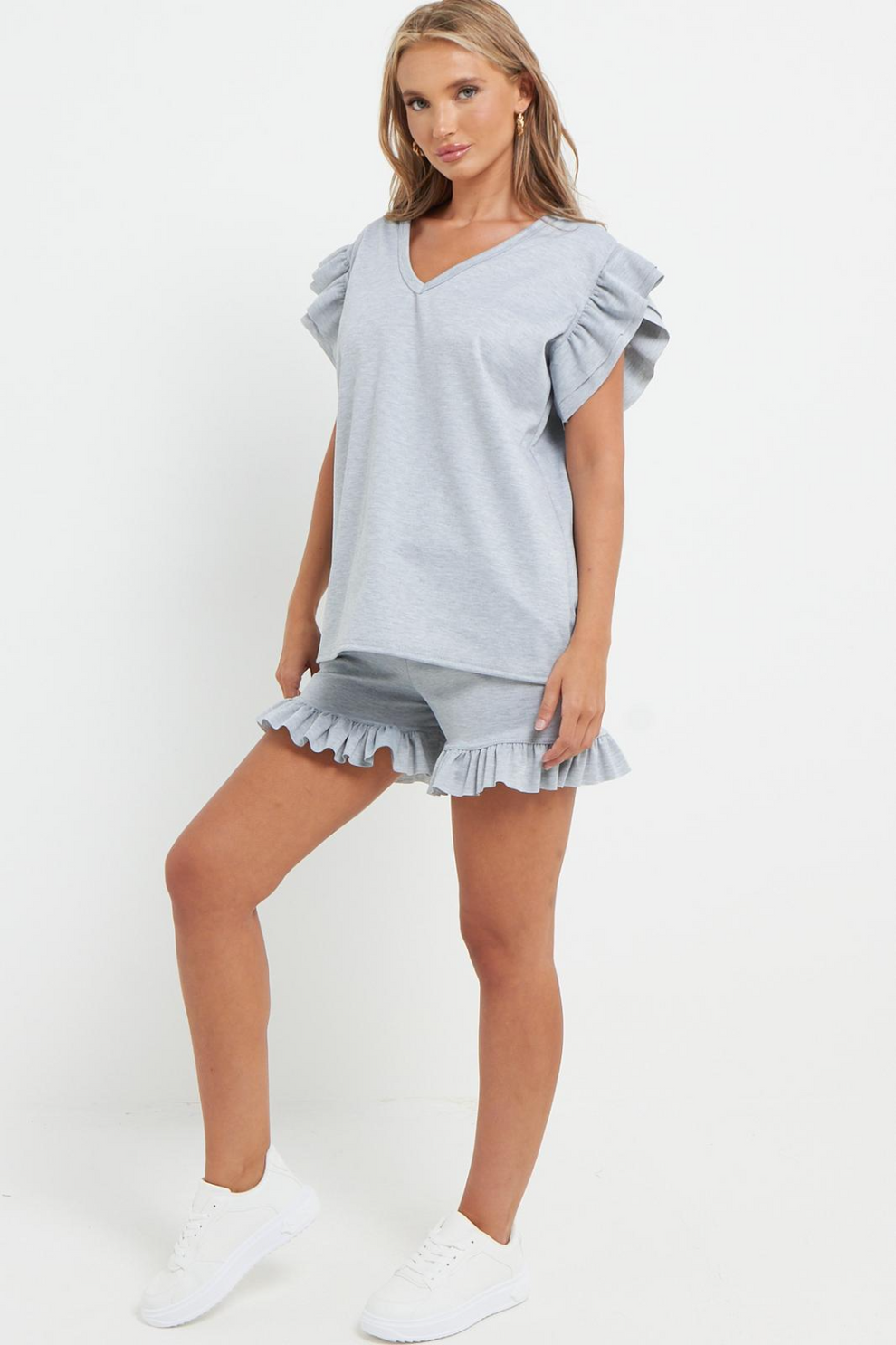 Ladies V Neck Frill Peplum Sleeve Top and Short 2 Piece Tracksuit Set 25 Ladies V Neck Frill Peplum Sleeve Top and Short 2 Piece Tracksuit Set - Image 25