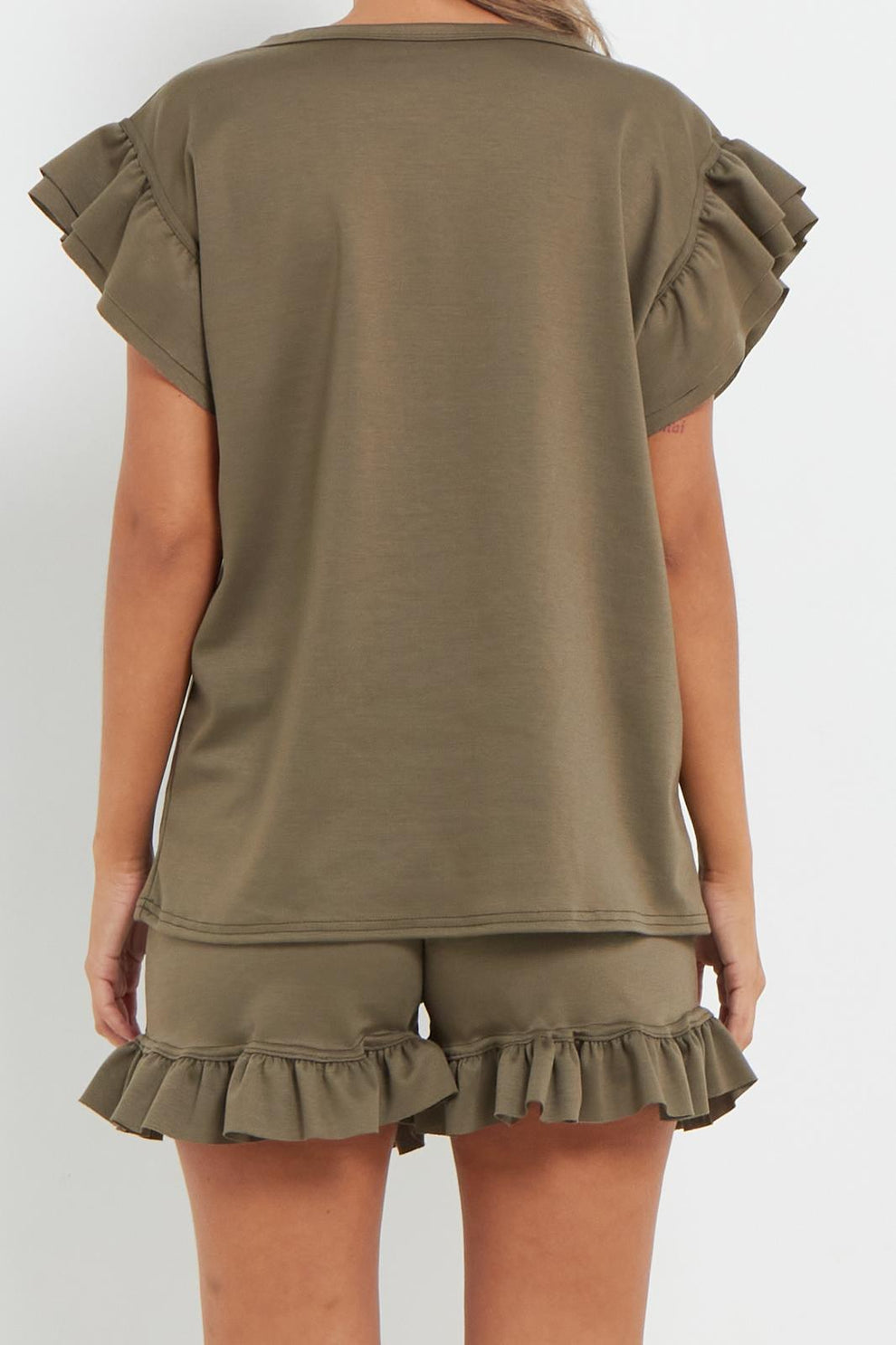 Ladies V Neck Frill Peplum Sleeve Top and Short 2 Piece Tracksuit Set 17 Ladies V Neck Frill Peplum Sleeve Top and Short 2 Piece Tracksuit Set - Image 17