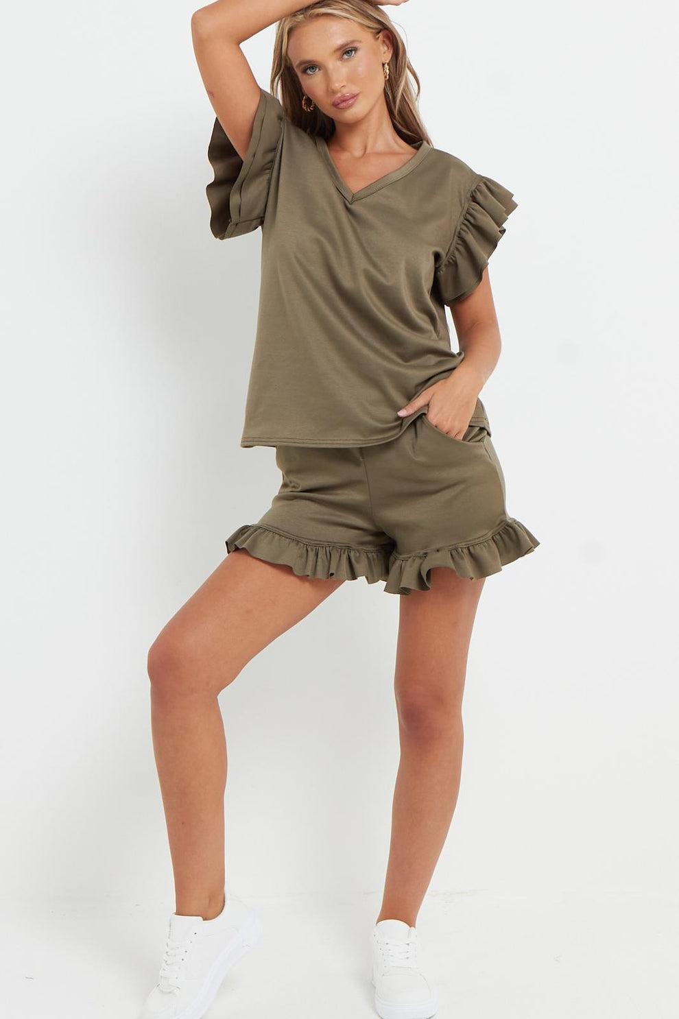 Ladies V Neck Frill Peplum Sleeve Top and Short 2 Piece Tracksuit Set 20 Ladies V Neck Frill Peplum Sleeve Top and Short 2 Piece Tracksuit Set - Image 20
