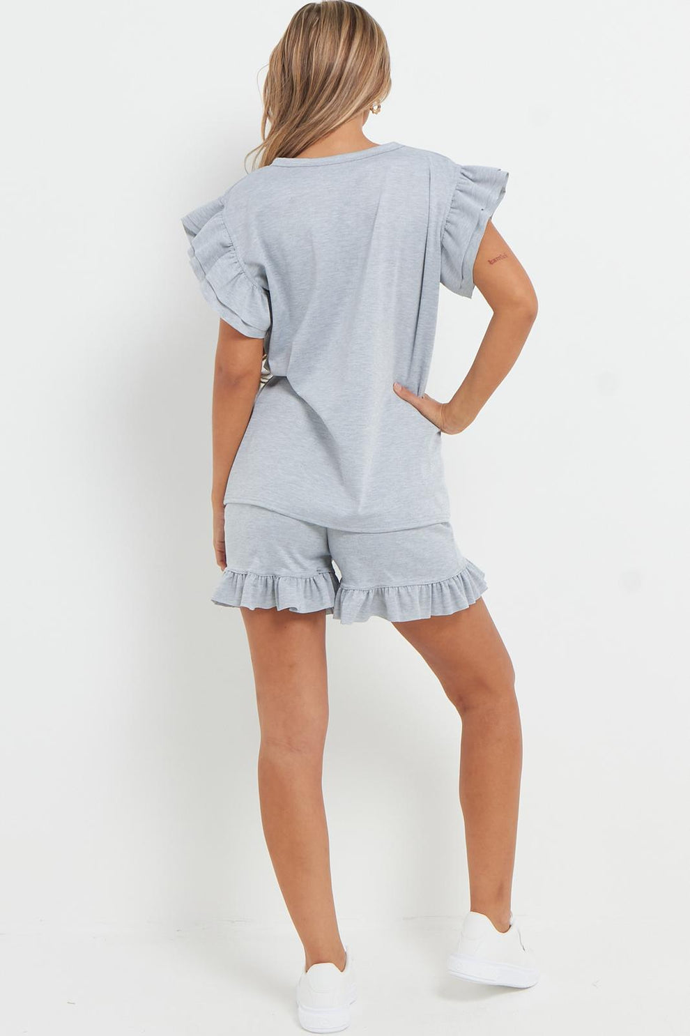 Ladies V Neck Frill Peplum Sleeve Top and Short 2 Piece Tracksuit Set 21 Ladies V Neck Frill Peplum Sleeve Top and Short 2 Piece Tracksuit Set - Image 21