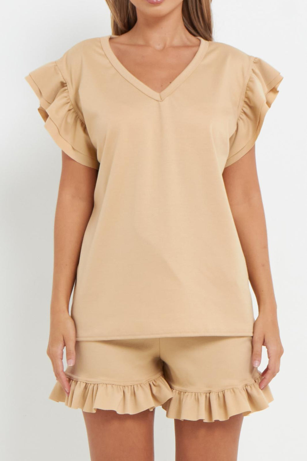 Ladies V Neck Frill Peplum Sleeve Top and Short 2 Piece Tracksuit Set 11 Ladies V Neck Frill Peplum Sleeve Top and Short 2 Piece Tracksuit Set - Image 11