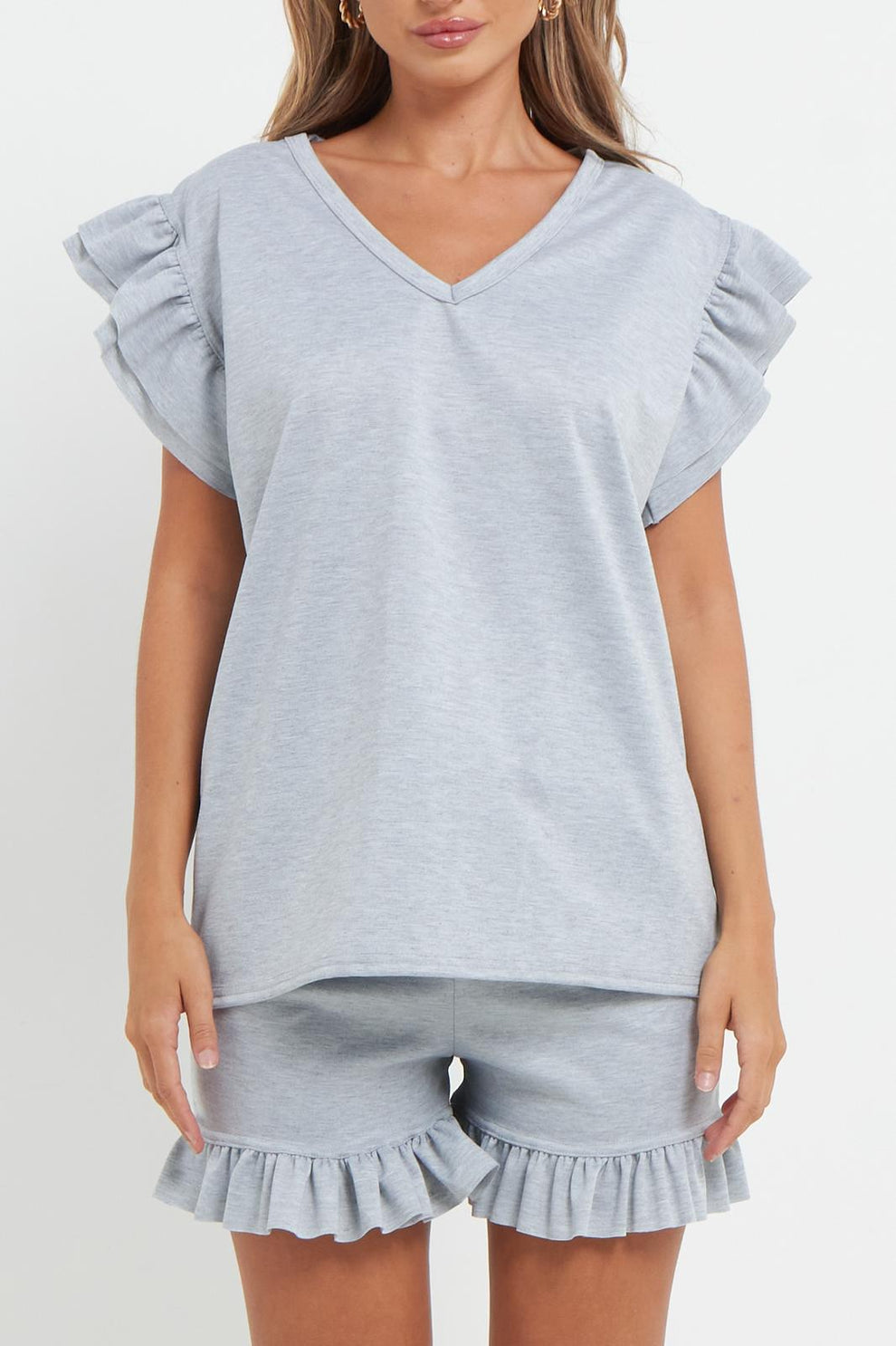 Ladies V Neck Frill Peplum Sleeve Top and Short 2 Piece Tracksuit Set 24 Ladies V Neck Frill Peplum Sleeve Top and Short 2 Piece Tracksuit Set - Image 24