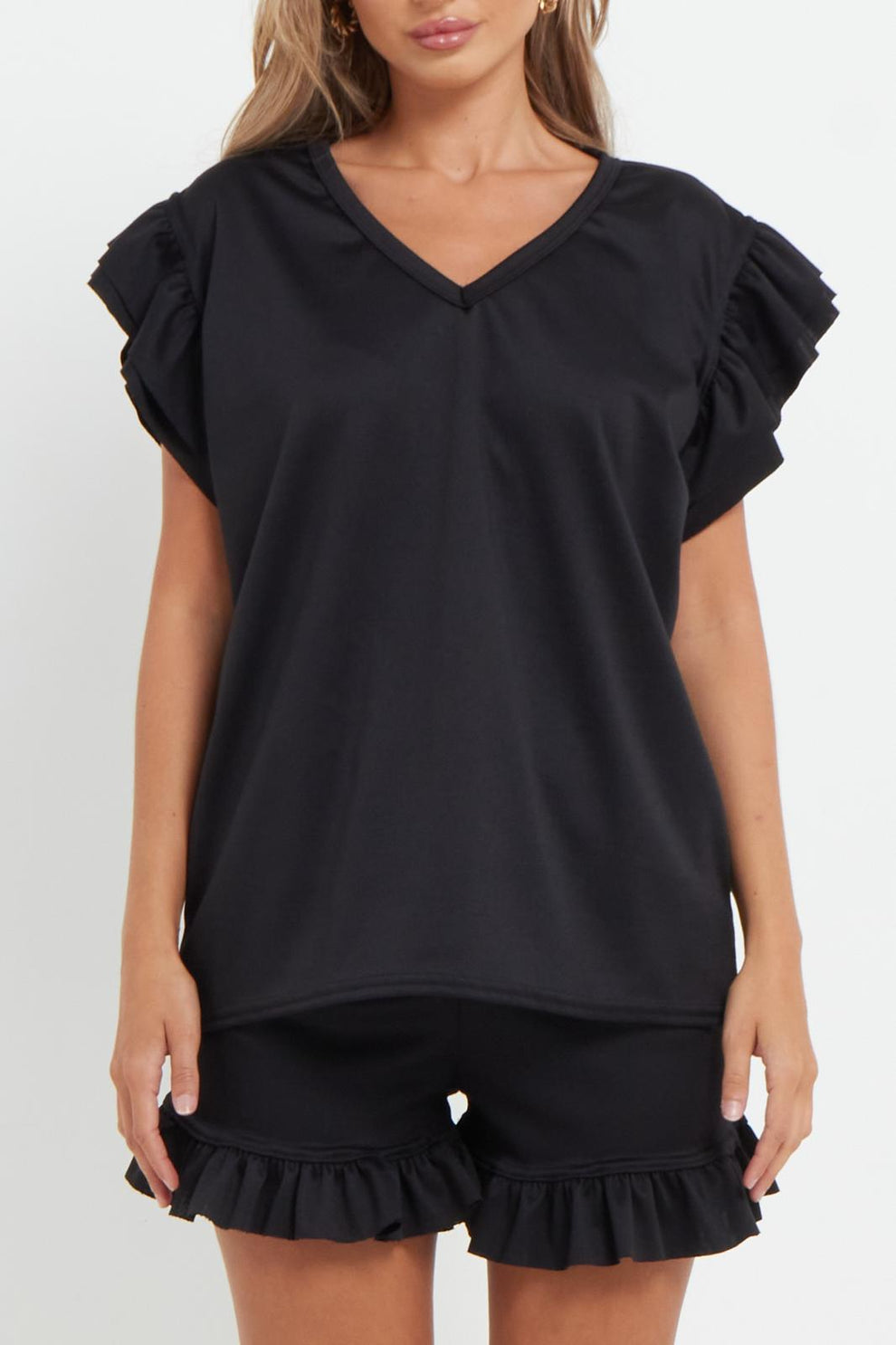 Ladies V Neck Frill Peplum Sleeve Top and Short 2 Piece Tracksuit Set 26 Ladies V Neck Frill Peplum Sleeve Top and Short 2 Piece Tracksuit Set - Image 26