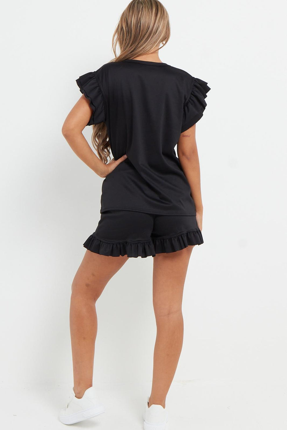 Ladies V Neck Frill Peplum Sleeve Top and Short 2 Piece Tracksuit Set 28 Ladies V Neck Frill Peplum Sleeve Top and Short 2 Piece Tracksuit Set - Image 28
