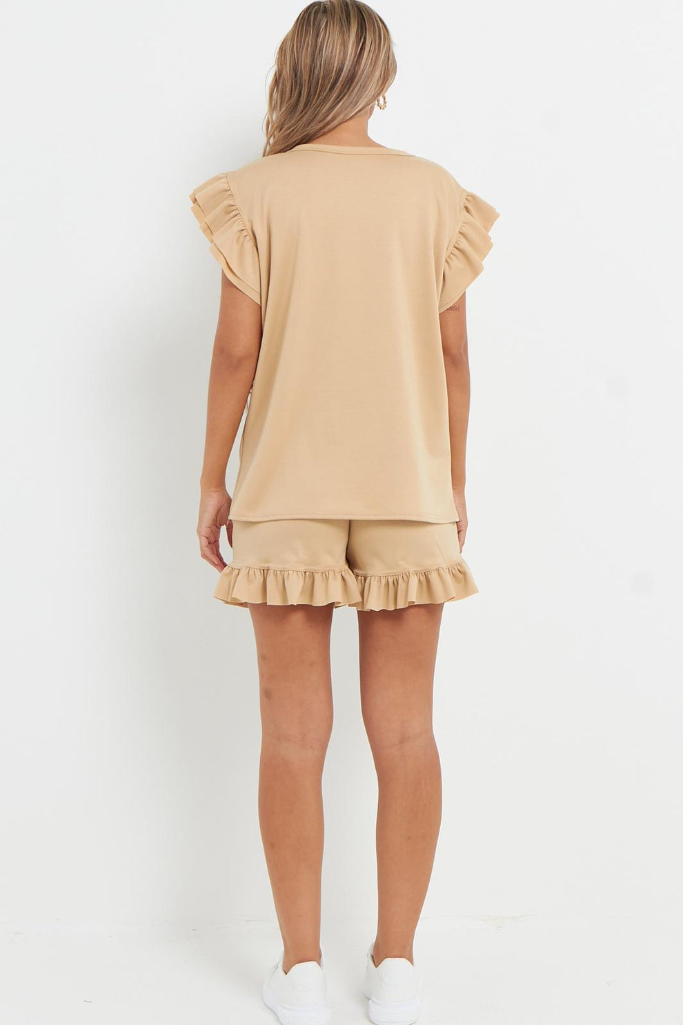 Ladies V Neck Frill Peplum Sleeve Top and Short 2 Piece Tracksuit Set 8 Ladies V Neck Frill Peplum Sleeve Top and Short 2 Piece Tracksuit Set - Image 8