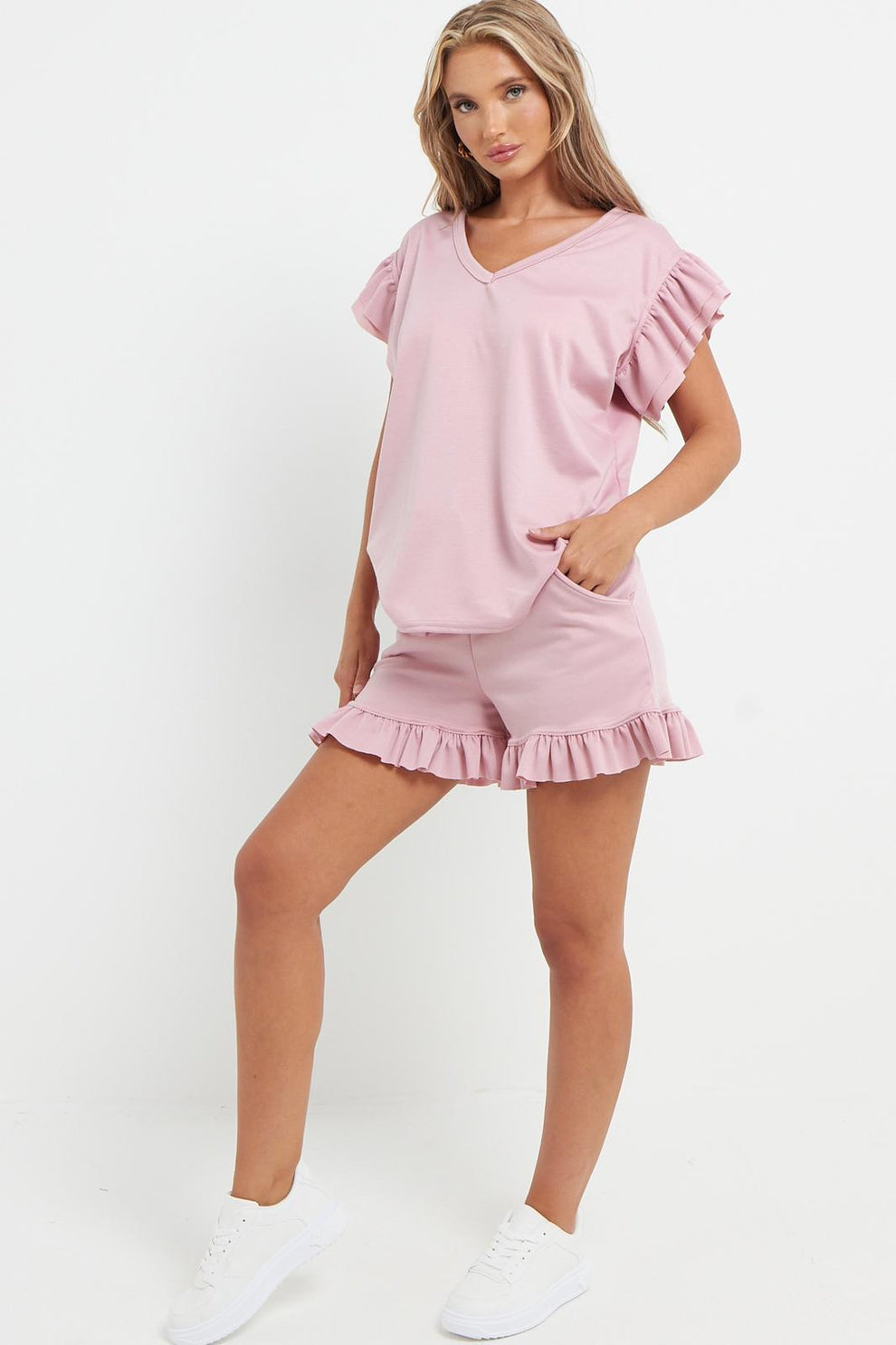 Ladies V Neck Frill Peplum Sleeve Top and Short 2 Piece Tracksuit Set 12 Ladies V Neck Frill Peplum Sleeve Top and Short 2 Piece Tracksuit Set - Image 12