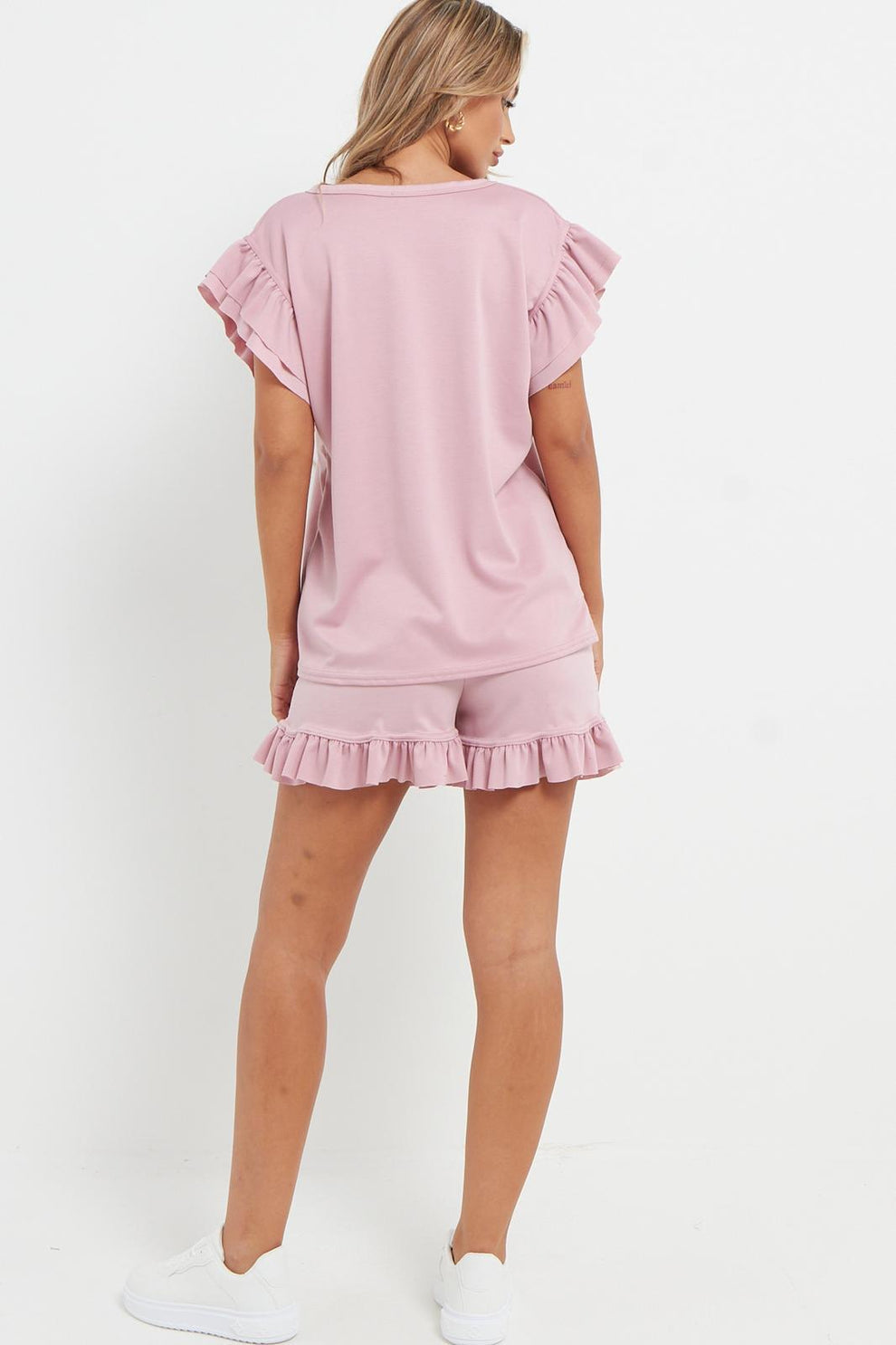 Ladies V Neck Frill Peplum Sleeve Top and Short 2 Piece Tracksuit Set 13 Ladies V Neck Frill Peplum Sleeve Top and Short 2 Piece Tracksuit Set - Image 13