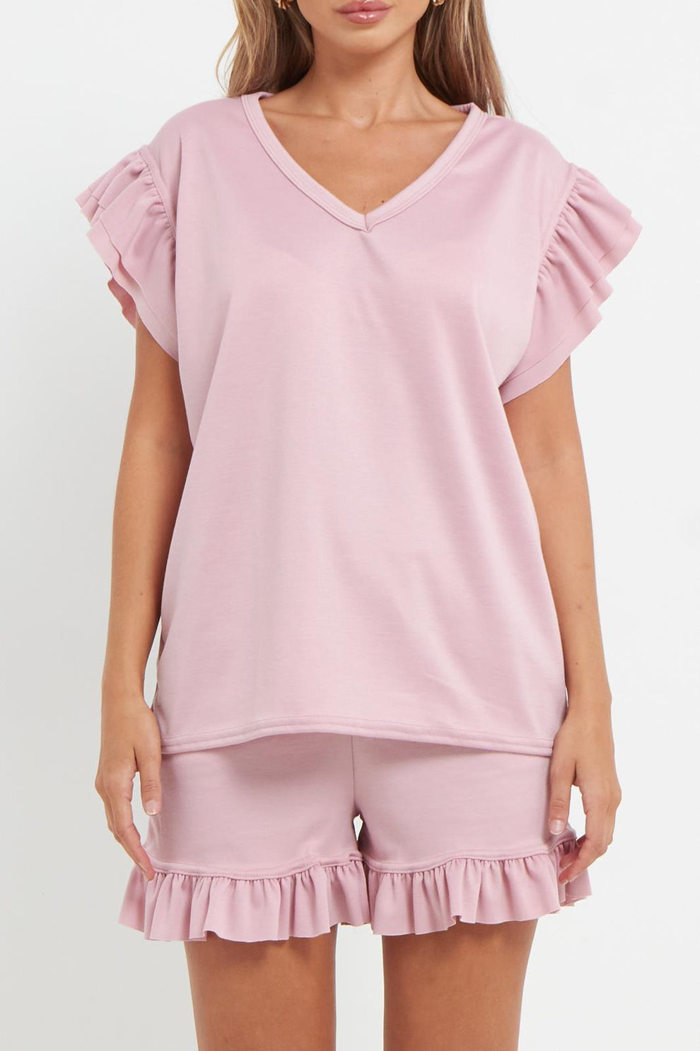 Ladies V Neck Frill Peplum Sleeve Top and Short 2 Piece Tracksuit Set 14 Ladies V Neck Frill Peplum Sleeve Top and Short 2 Piece Tracksuit Set - Image 14