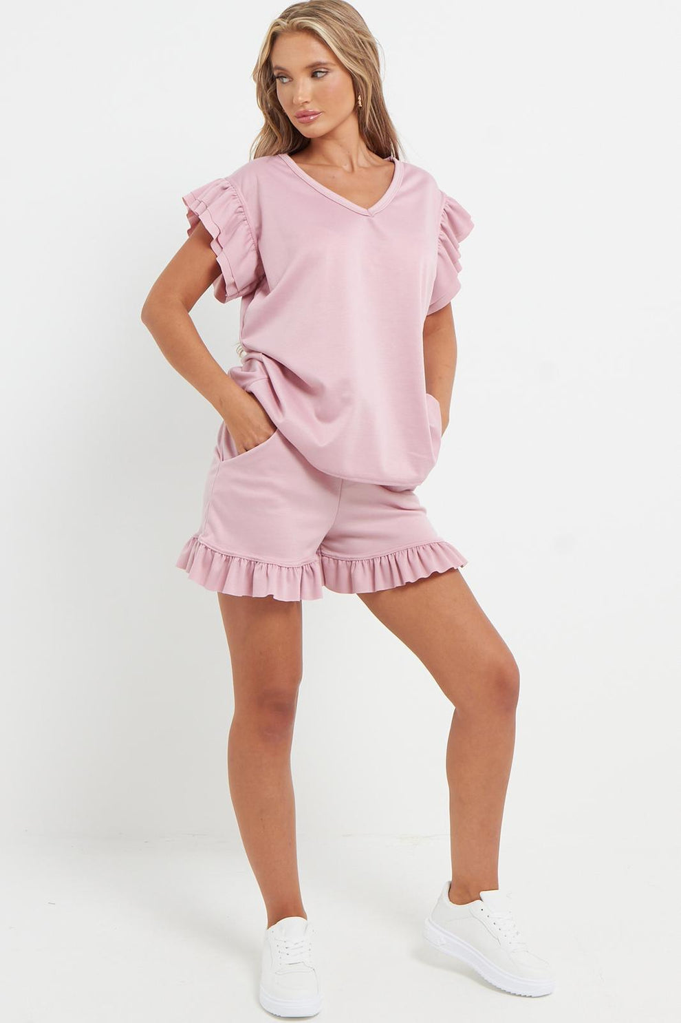 Ladies V Neck Frill Peplum Sleeve Top and Short 2 Piece Tracksuit Set 16 Ladies V Neck Frill Peplum Sleeve Top and Short 2 Piece Tracksuit Set - Image 16