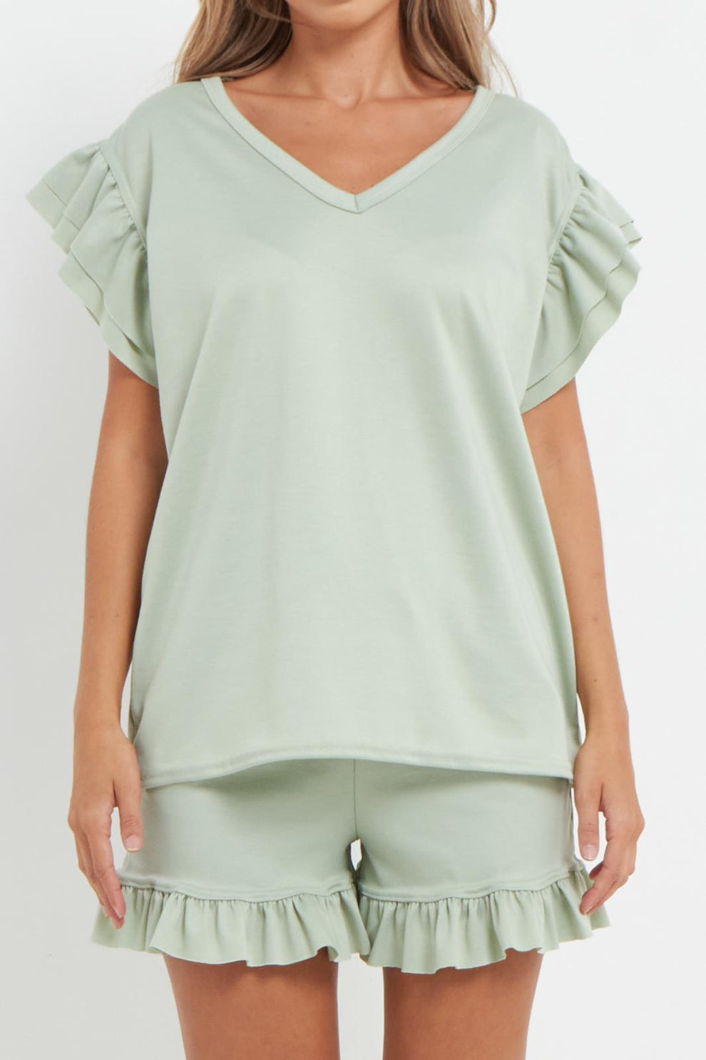 Ladies V Neck Frill Peplum Sleeve Top and Short 2 Piece Tracksuit Set 5 Ladies V Neck Frill Peplum Sleeve Top and Short 2 Piece Tracksuit Set - Image 5