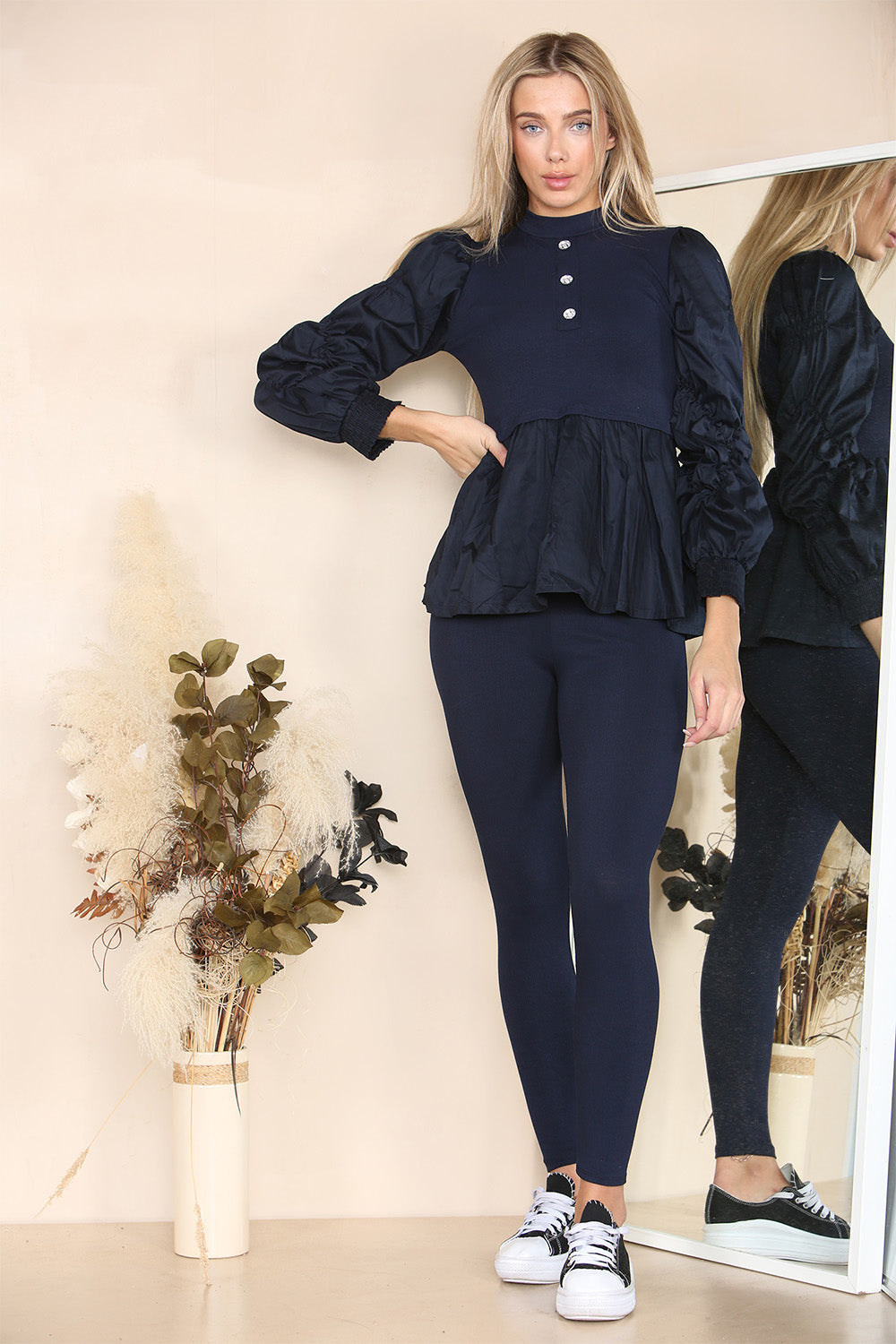 Long Ruched Sleeves Ribbed Peplum Diamond Buttons Frilled Hem Lounge Wear Co-Ord Set 1 Long Ruched Sleeves Ribbed Peplum Diamond Buttons Frilled Hem Lounge Wear Co-Ord Set