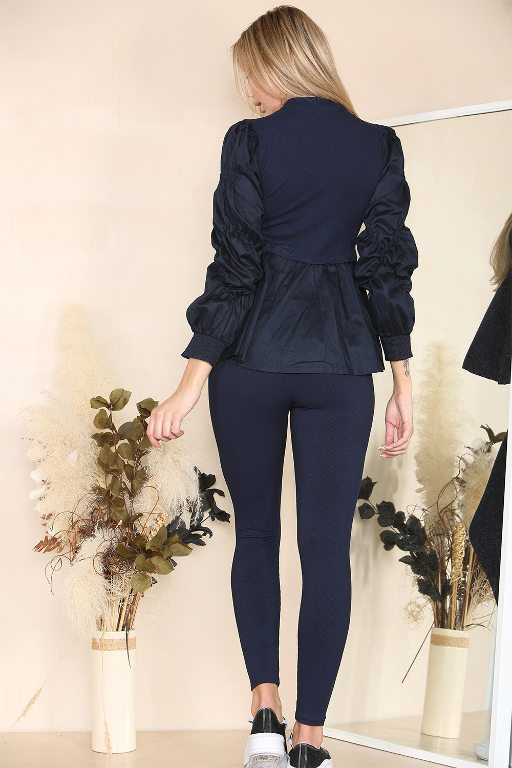 Long Ruched Sleeves Ribbed Peplum Diamond Buttons Frilled Hem Lounge Wear Co-Ord Set 4 Long Ruched Sleeves Ribbed Peplum Diamond Buttons Frilled Hem Lounge Wear Co-Ord Set - Image 4