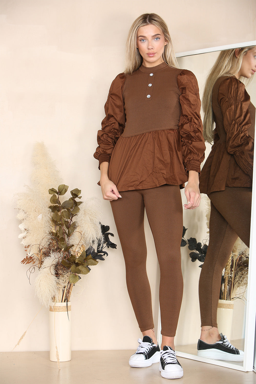 Long Ruched Sleeves Ribbed Peplum Diamond Buttons Frilled Hem Lounge Wear Co-Ord Set 21 Long Ruched Sleeves Ribbed Peplum Diamond Buttons Frilled Hem Lounge Wear Co-Ord Set - Image 21