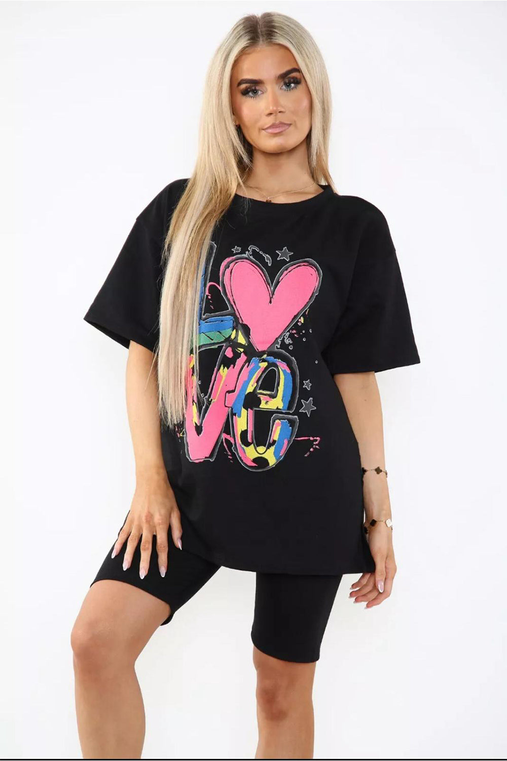 Love Side Slit Cycling Short and T-Shirts Co-Ord Two Piece Set with Front Love Slogan 7 Love Side Slit Cycling Short and T-Shirts Co-Ord Two Piece Set with Front Love Slogan - Image 7