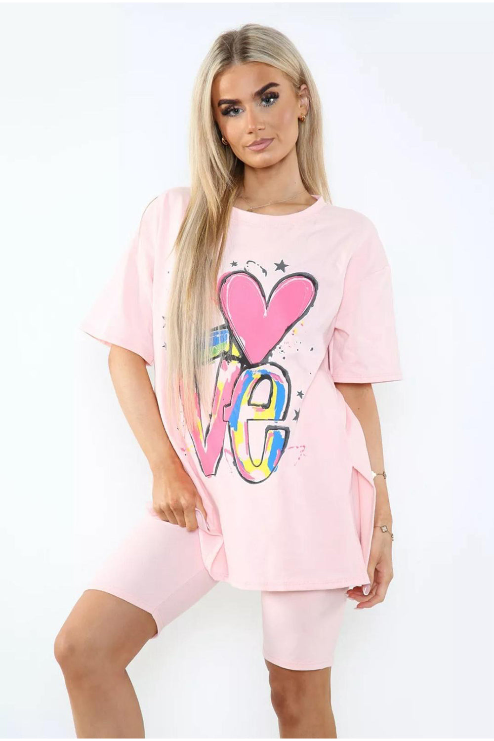 Cycling Short and T-Shirts Co-Ord Two Piece Side Slit Set with Front Printed Slogan 25 Cycling Short and T-Shirts Co-Ord Two Piece Side Slit Set with Front Printed Slogan - Image 25