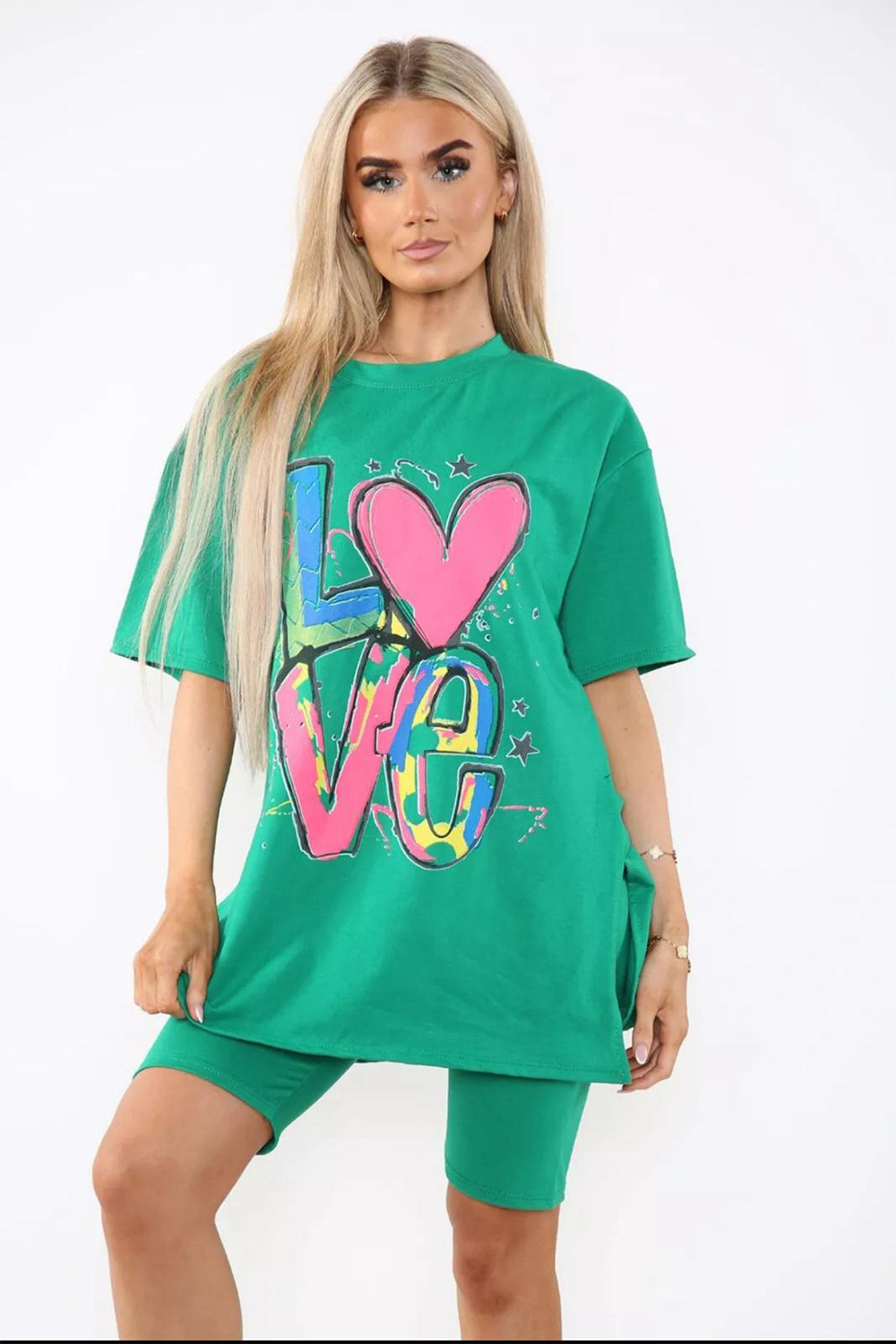 Cycling Short and T-Shirts Co-Ord Two Piece Side Slit Set with Front Printed Slogan 26 Cycling Short and T-Shirts Co-Ord Two Piece Side Slit Set with Front Printed Slogan - Image 26