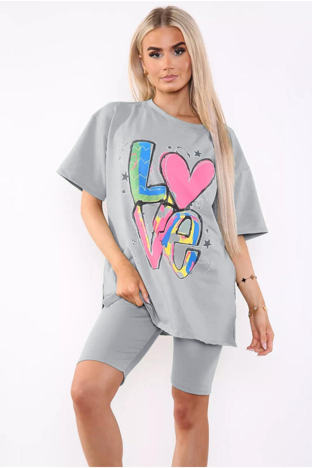 Love Side Slit Cycling Short and T-Shirts Co-Ord Two Piece Set with Front Love Slogan 13 Love Side Slit Cycling Short and T-Shirts Co-Ord Two Piece Set with Front Love Slogan - Image 13