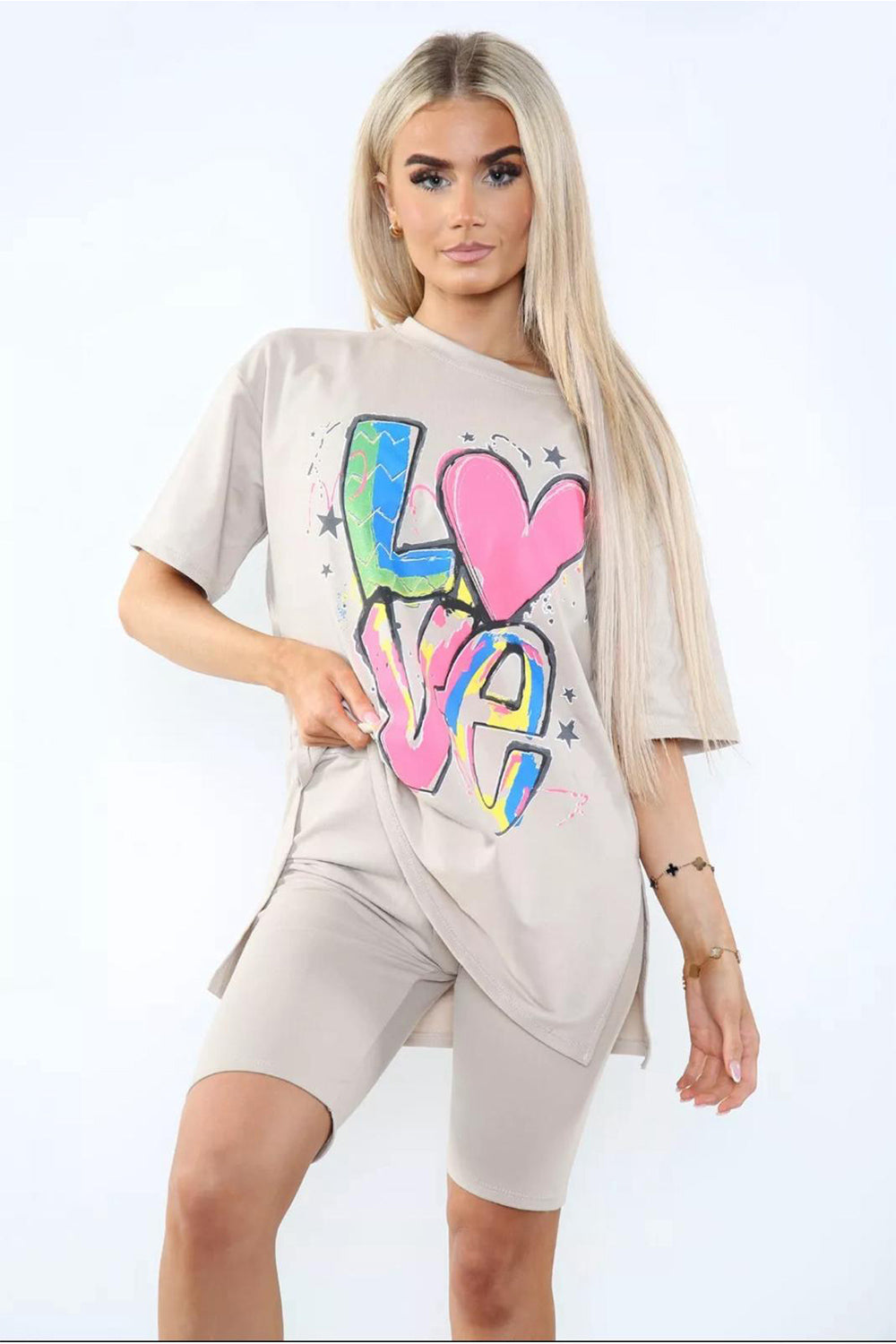 Cycling Short and T-Shirts Co-Ord Two Piece Side Slit Set with Front Printed Slogan 29 Cycling Short and T-Shirts Co-Ord Two Piece Side Slit Set with Front Printed Slogan - Image 29