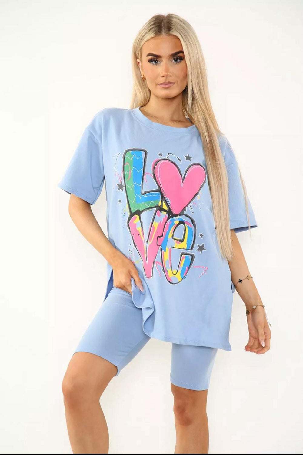 Love Side Slit Cycling Short and T-Shirts Co-Ord Two Piece Set with Front Love Slogan 17 Love Side Slit Cycling Short and T-Shirts Co-Ord Two Piece Set with Front Love Slogan - Image 17