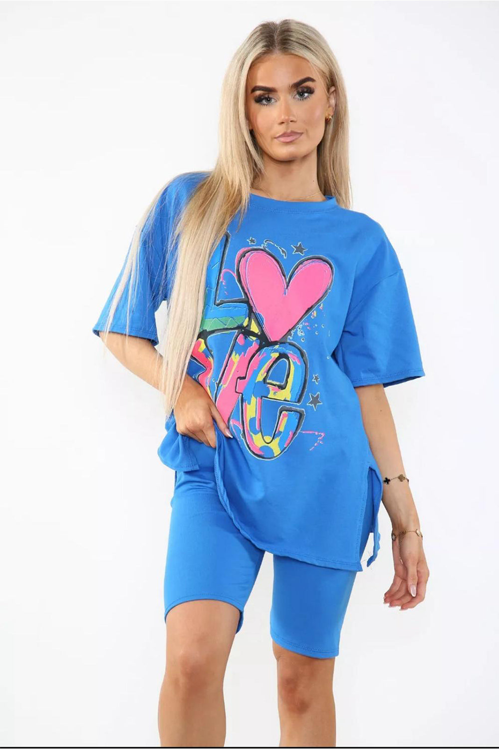 Love Side Slit Cycling Short and T-Shirts Co-Ord Two Piece Set with Front Love Slogan 3 Love Side Slit Cycling Short and T-Shirts Co-Ord Two Piece Set with Front Love Slogan - Image 3