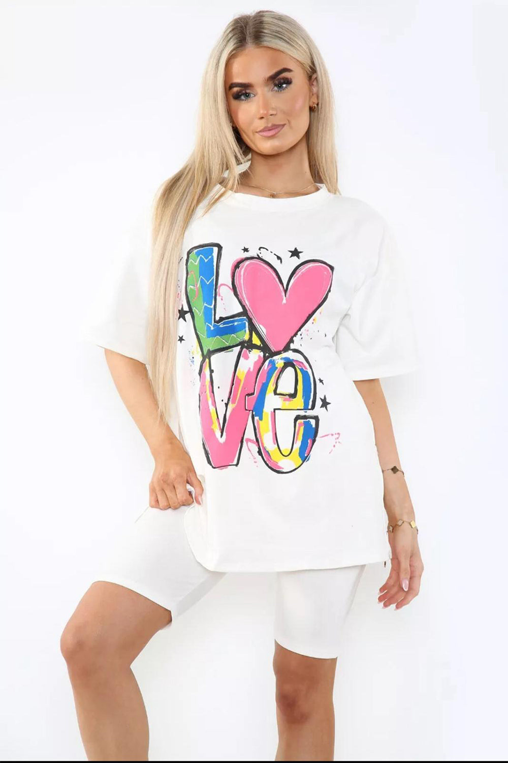 Love Side Slit Cycling Short and T-Shirts Co-Ord Two Piece Set with Front Love Slogan 1 Love Side Slit Cycling Short and T-Shirts Co-Ord Two Piece Set with Front Love Slogan