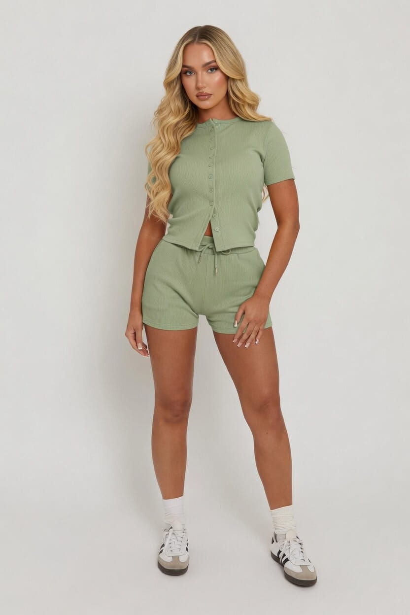 Mae Short Sleeve Rib Button Short Set 1 Mae Short Sleeve Rib Button Short Set