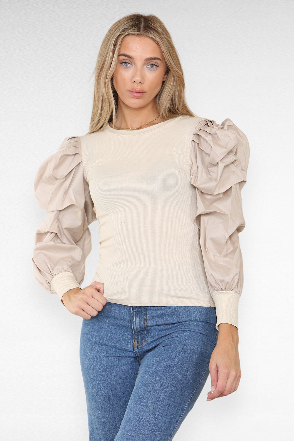 Oversized Puff Sleeves Ribbed Top 1 Oversized Puff Sleeves Ribbed Top