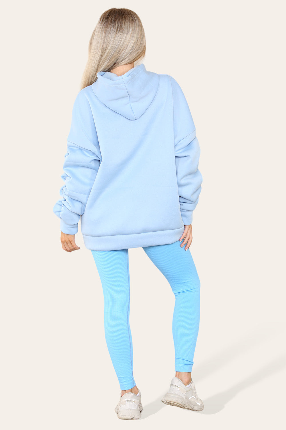 Oversized Ruched Sleeves Hoodie With Satin Ribbon with High Waist High Rise Seamless Ribbed Legging Set 5 Oversized Ruched Sleeves Hoodie With Satin Ribbon with High Waist High Rise Seamless Ribbed Legging Set - Image 5