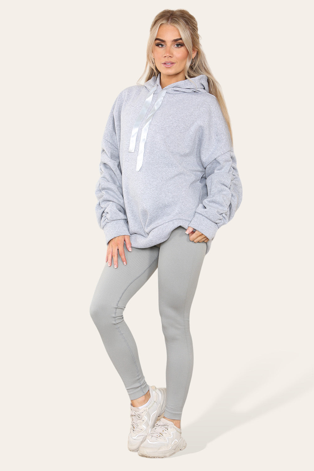 Oversized Ruched Sleeves Hoodie With Satin Ribbon with High Waist High Rise Seamless Ribbed Legging Set 18 Oversized Ruched Sleeves Hoodie With Satin Ribbon with High Waist High Rise Seamless Ribbed Legging Set - Image 18