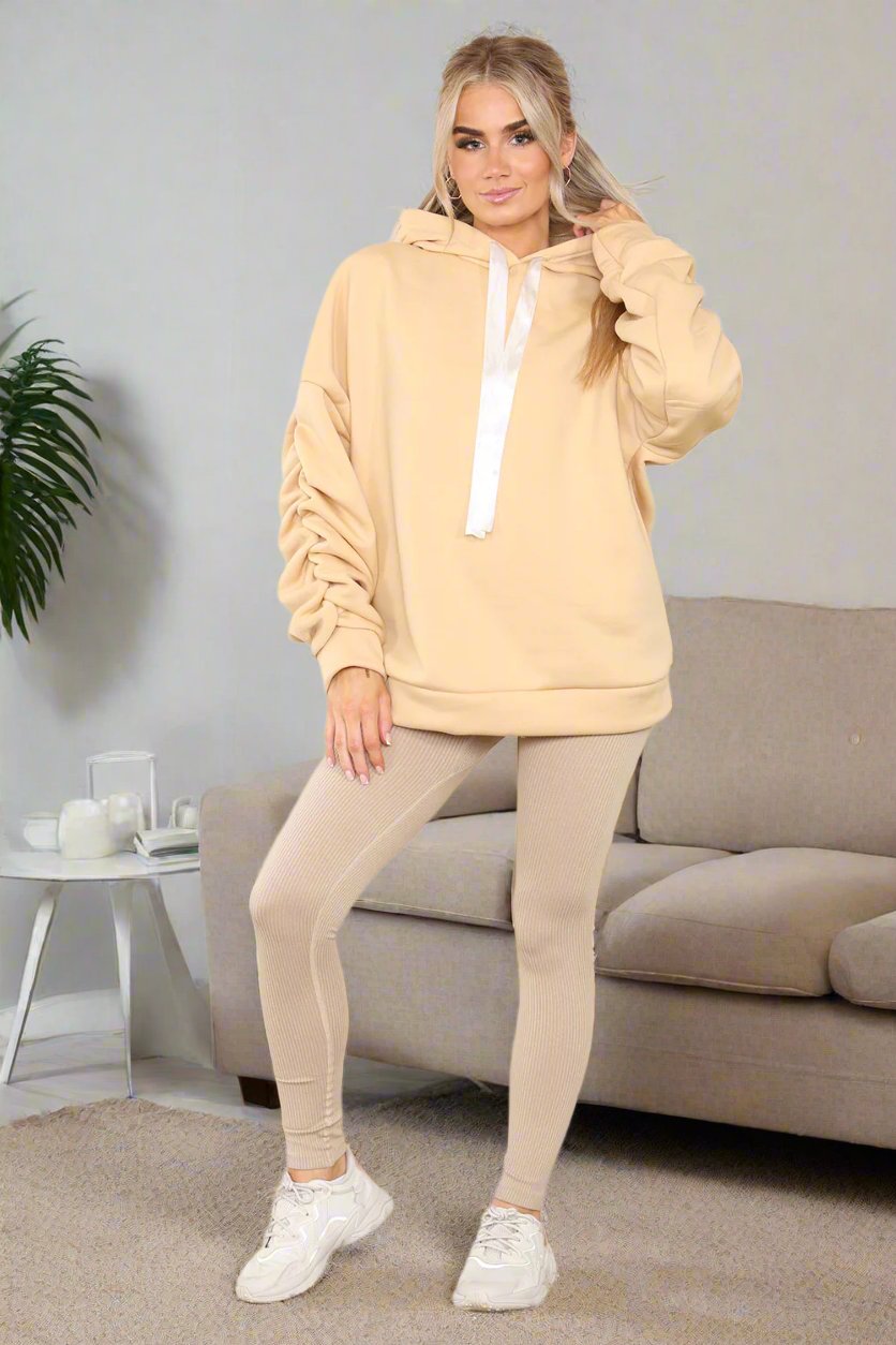 Oversized Ruched Sleeves Hoodie With Satin Ribbon with High Waist High Rise Seamless Ribbed Legging Set 23 Oversized Ruched Sleeves Hoodie With Satin Ribbon with High Waist High Rise Seamless Ribbed Legging Set - Image 23