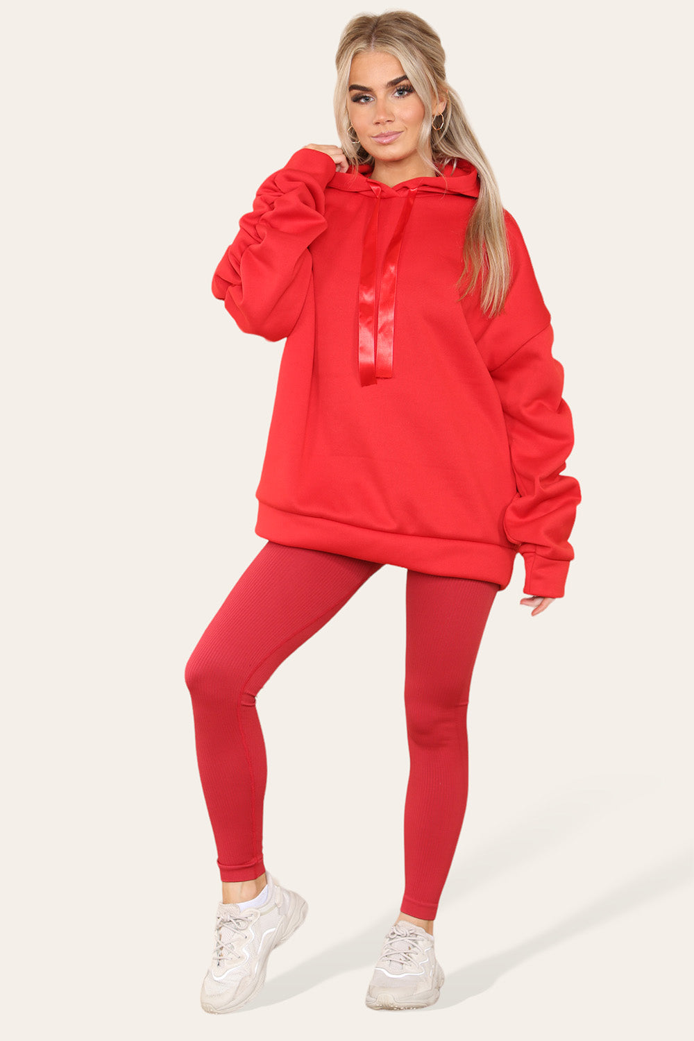Oversized Ruched Sleeves Hoodie With Satin Ribbon with High Waist High Rise Seamless Ribbed Legging Set 32 Oversized Ruched Sleeves Hoodie With Satin Ribbon with High Waist High Rise Seamless Ribbed Legging Set - Image 32