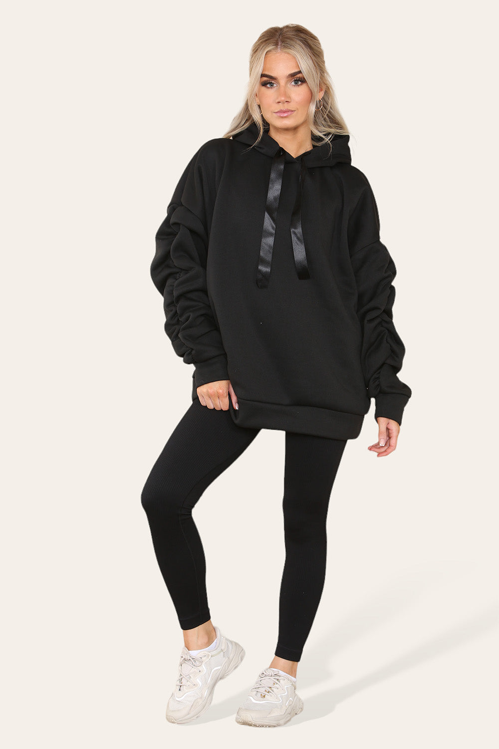 Oversized Ruched Sleeves Hoodie With Satin Ribbon with High Waist High Rise Seamless Ribbed Legging Set 28 Oversized Ruched Sleeves Hoodie With Satin Ribbon with High Waist High Rise Seamless Ribbed Legging Set - Image 28