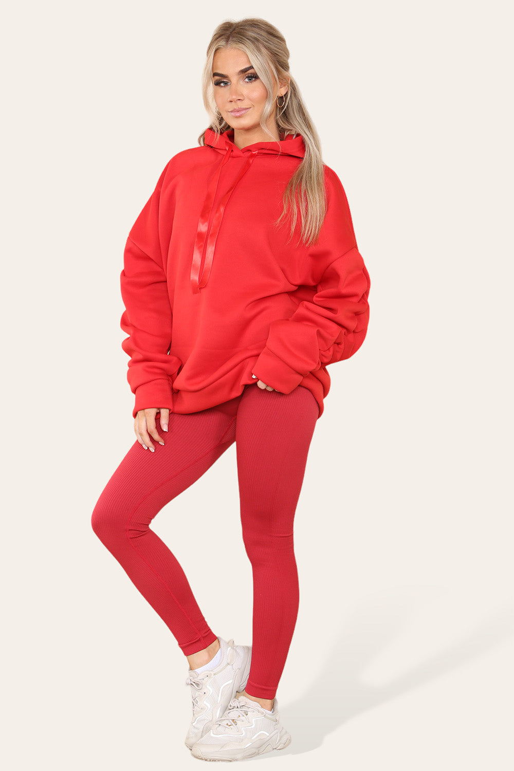 Oversized Ruched Sleeves Hoodie With Satin Ribbon with High Waist High Rise Seamless Ribbed Legging Set 33 Oversized Ruched Sleeves Hoodie With Satin Ribbon with High Waist High Rise Seamless Ribbed Legging Set - Image 33