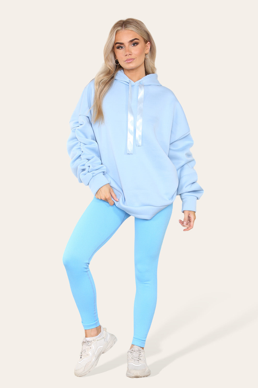 Oversized Ruched Sleeves Hoodie With Satin Ribbon with High Waist High Rise Seamless Ribbed Legging Set 1 Oversized Ruched Sleeves Hoodie With Satin Ribbon with High Waist High Rise Seamless Ribbed Legging Set