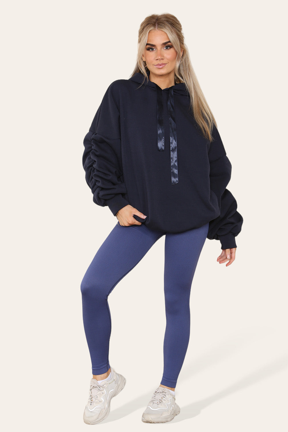 Oversized Ruched Sleeves Hoodie With Satin Ribbon 1 Oversized Ruched Sleeves Hoodie With Satin Ribbon