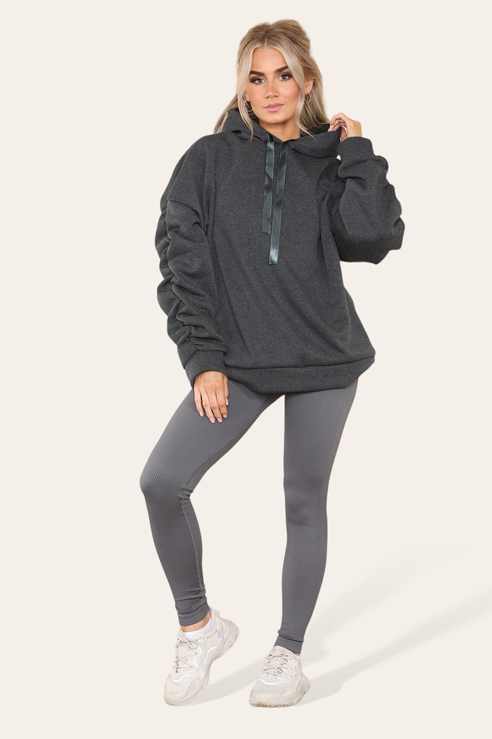 Plus Size Ruched Sleeves Hoodie With Satin Ribbon 20 Plus Size Ruched Sleeves Hoodie With Satin Ribbon - Image 20