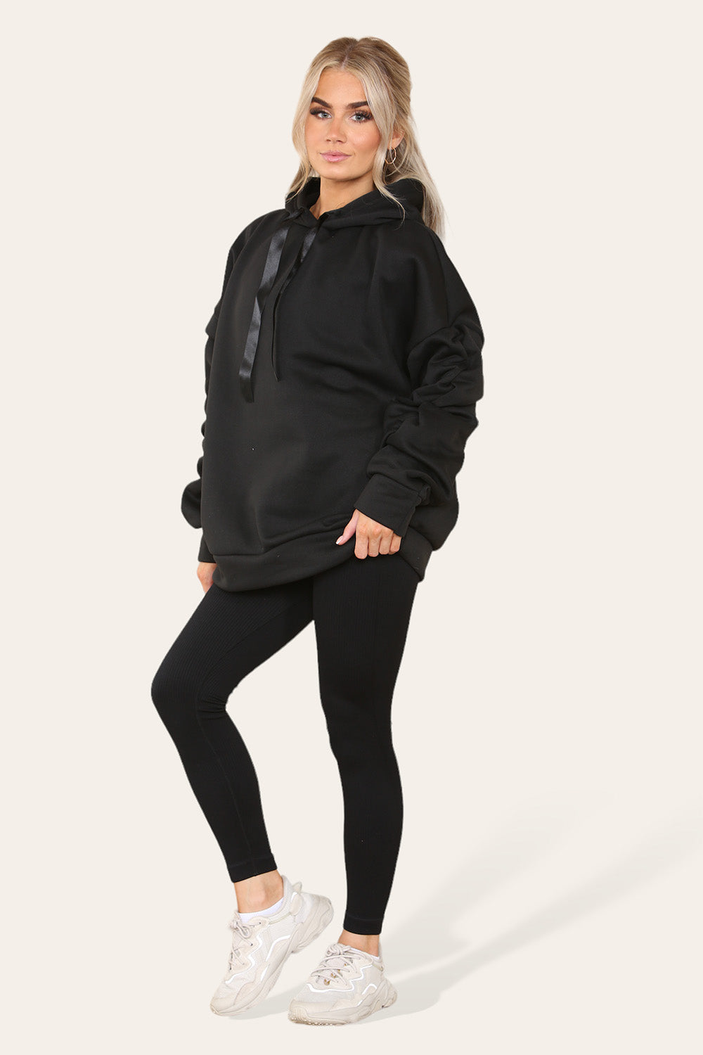 Oversized Ruched Sleeves Hoodie With Satin Ribbon 3 Oversized Ruched Sleeves Hoodie With Satin Ribbon - Image 3