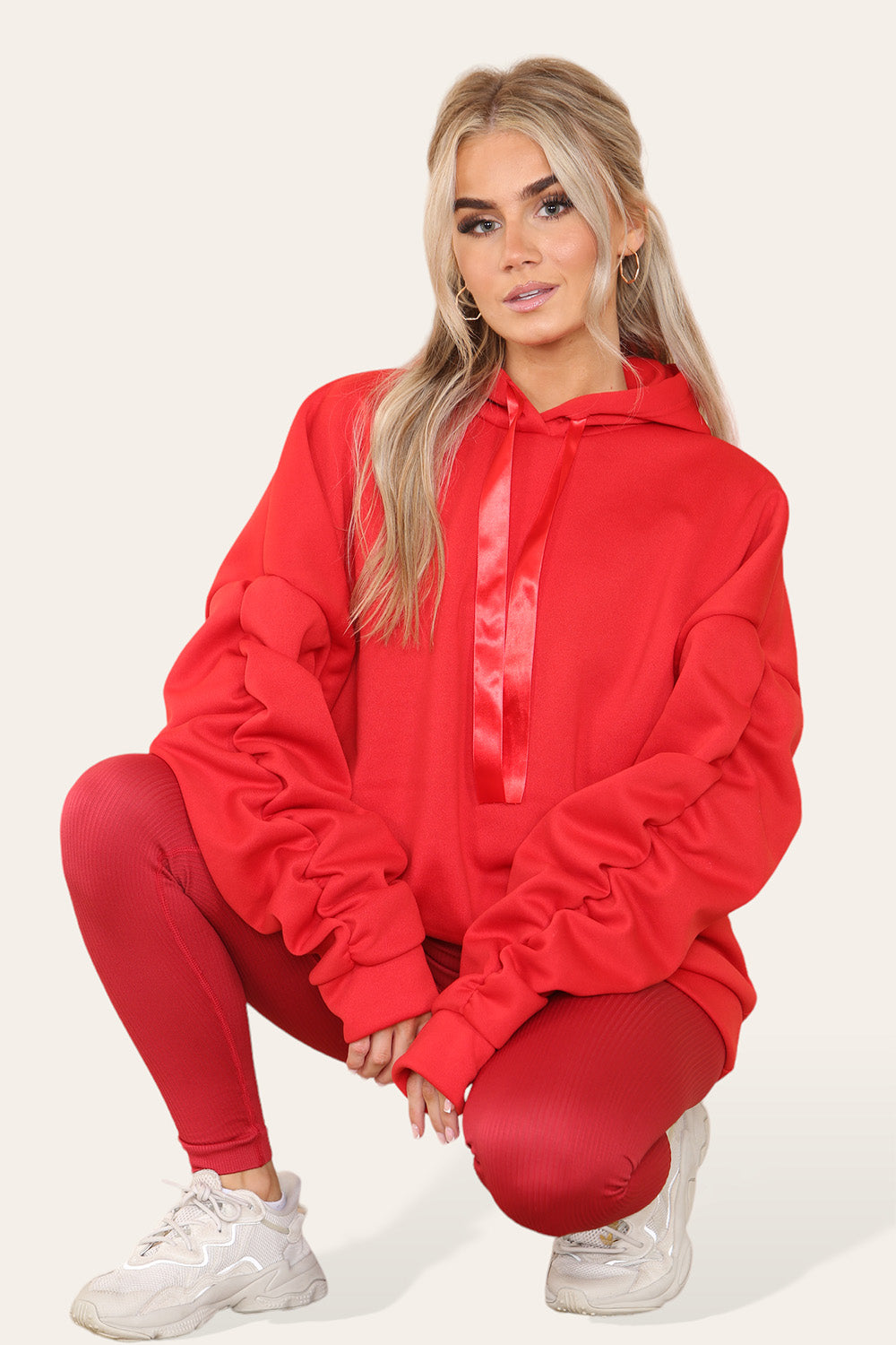Oversized Ruched Sleeves Hoodie With Satin Ribbon 8 Oversized Ruched Sleeves Hoodie With Satin Ribbon - Image 8