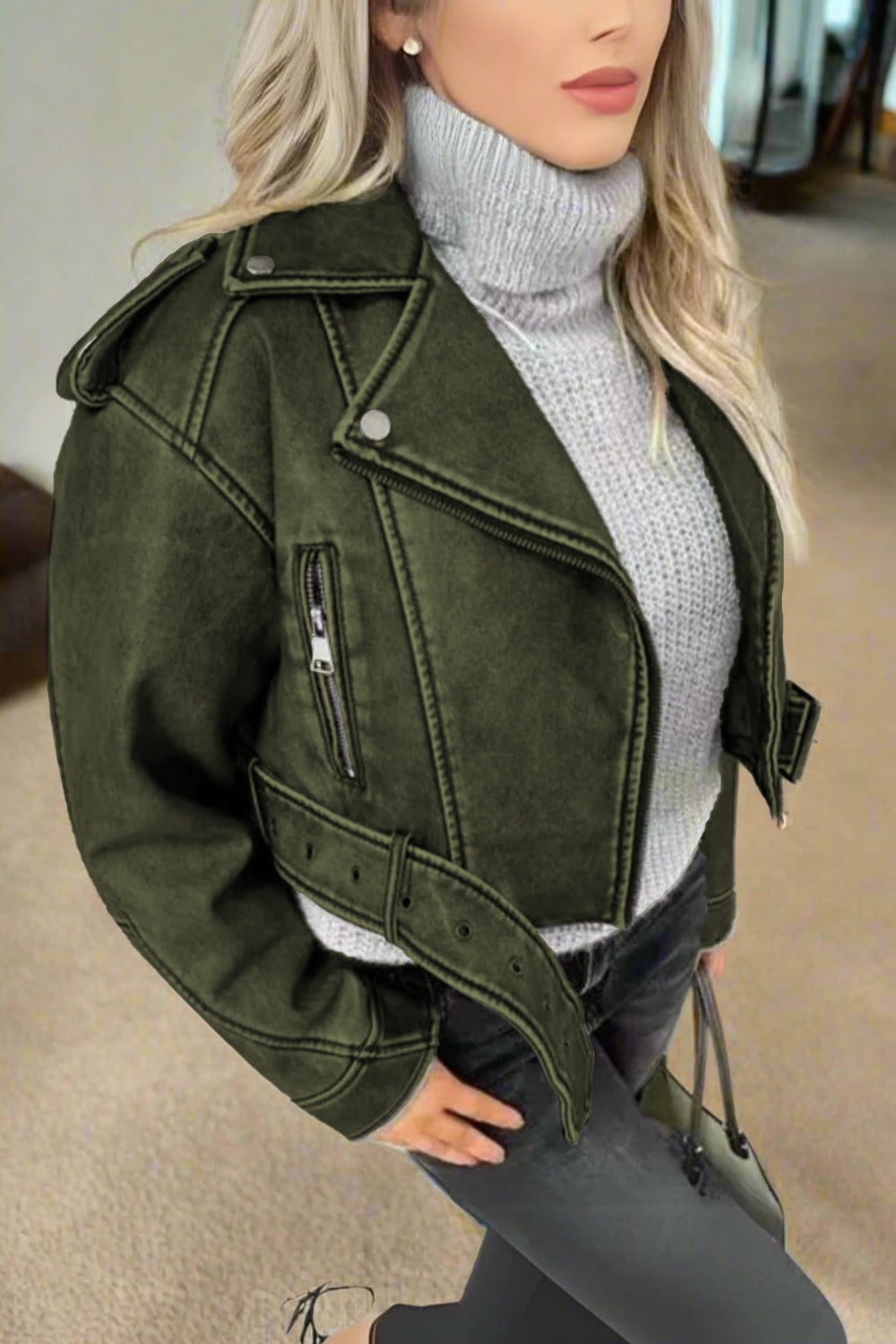 PU Faux Leather Biker Belt Jacket Outwear 2 PU Faux Leather Biker Belt Jacket Outwear - Image 2
