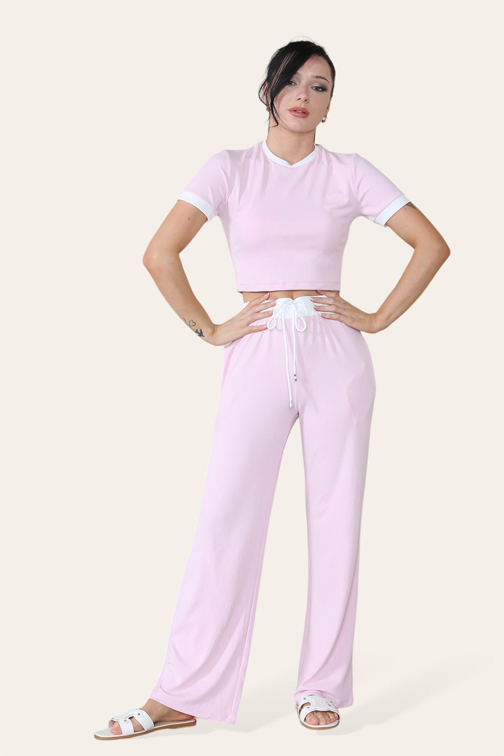 Ribbed Contrast Wide Leg Flared Trousers And Top Loungewear TRS Cropped Set 10 Ribbed Contrast Wide Leg Flared Trousers And Top Loungewear TRS Cropped Set - Image 10