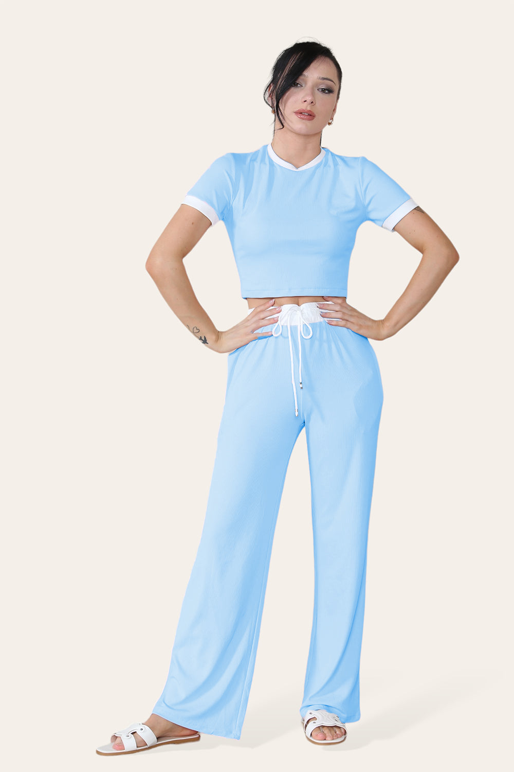 Ribbed Contrast Wide Leg Flared Trousers And Top Loungewear TRS Cropped Set 1 Ribbed Contrast Wide Leg Flared Trousers And Top Loungewear TRS Cropped Set