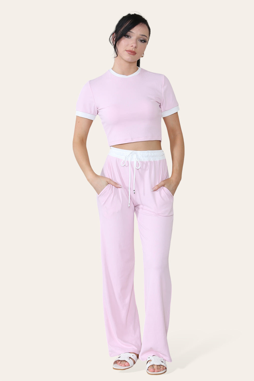 Ribbed Contrast Wide Leg Flared Trousers And Top Loungewear TRS Cropped Set 8 Ribbed Contrast Wide Leg Flared Trousers And Top Loungewear TRS Cropped Set - Image 8