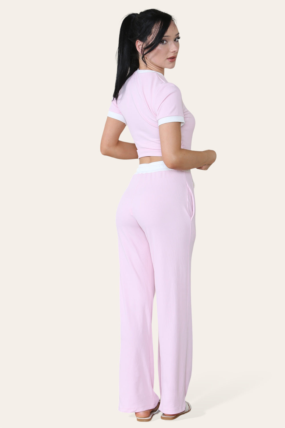 Ribbed Contrast Wide Leg Flared Trousers And Top Loungewear TRS Cropped Set 9 Ribbed Contrast Wide Leg Flared Trousers And Top Loungewear TRS Cropped Set - Image 9
