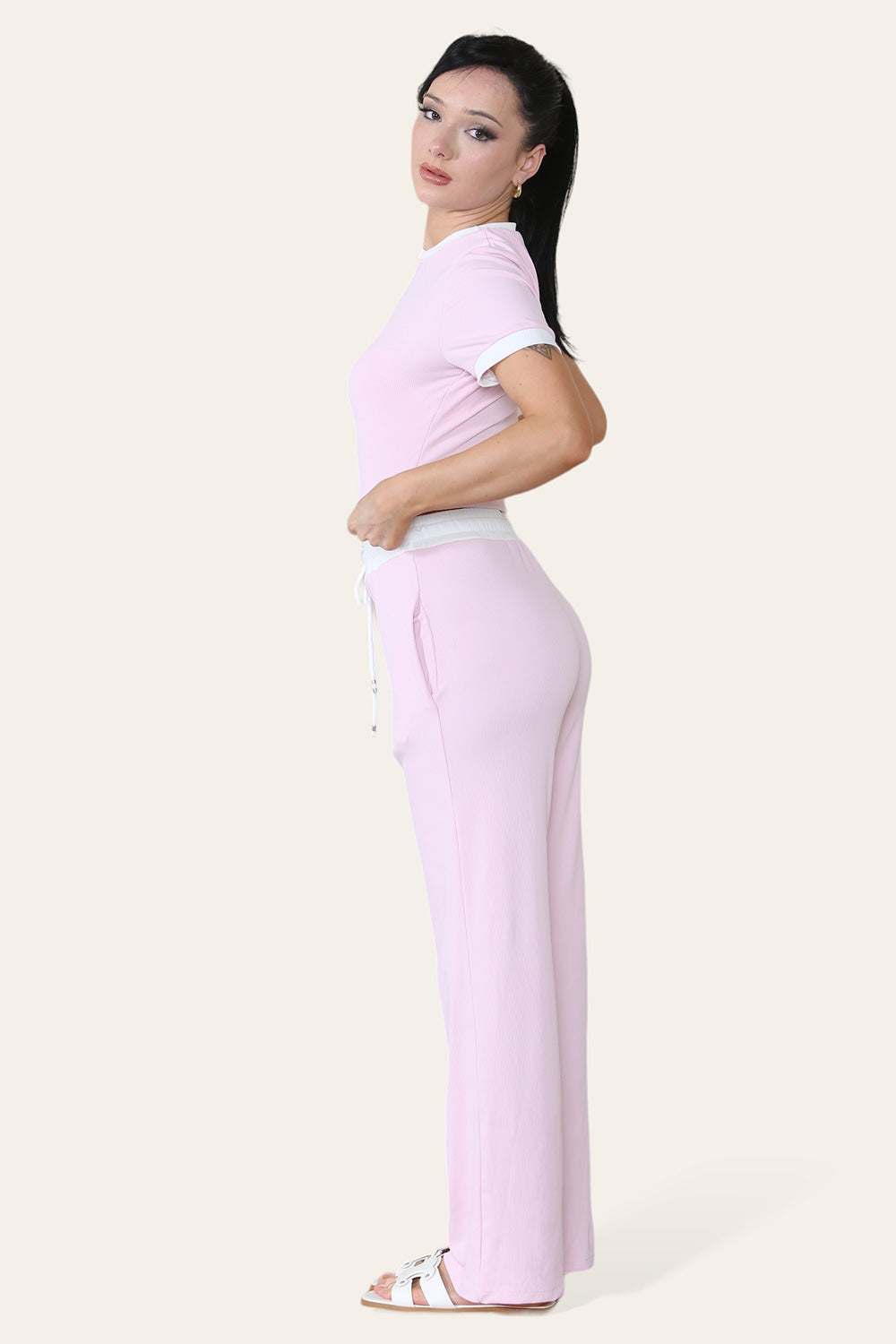 Ribbed Contrast Wide Leg Flared Trousers And Top Loungewear TRS Cropped Set 12 Ribbed Contrast Wide Leg Flared Trousers And Top Loungewear TRS Cropped Set - Image 12