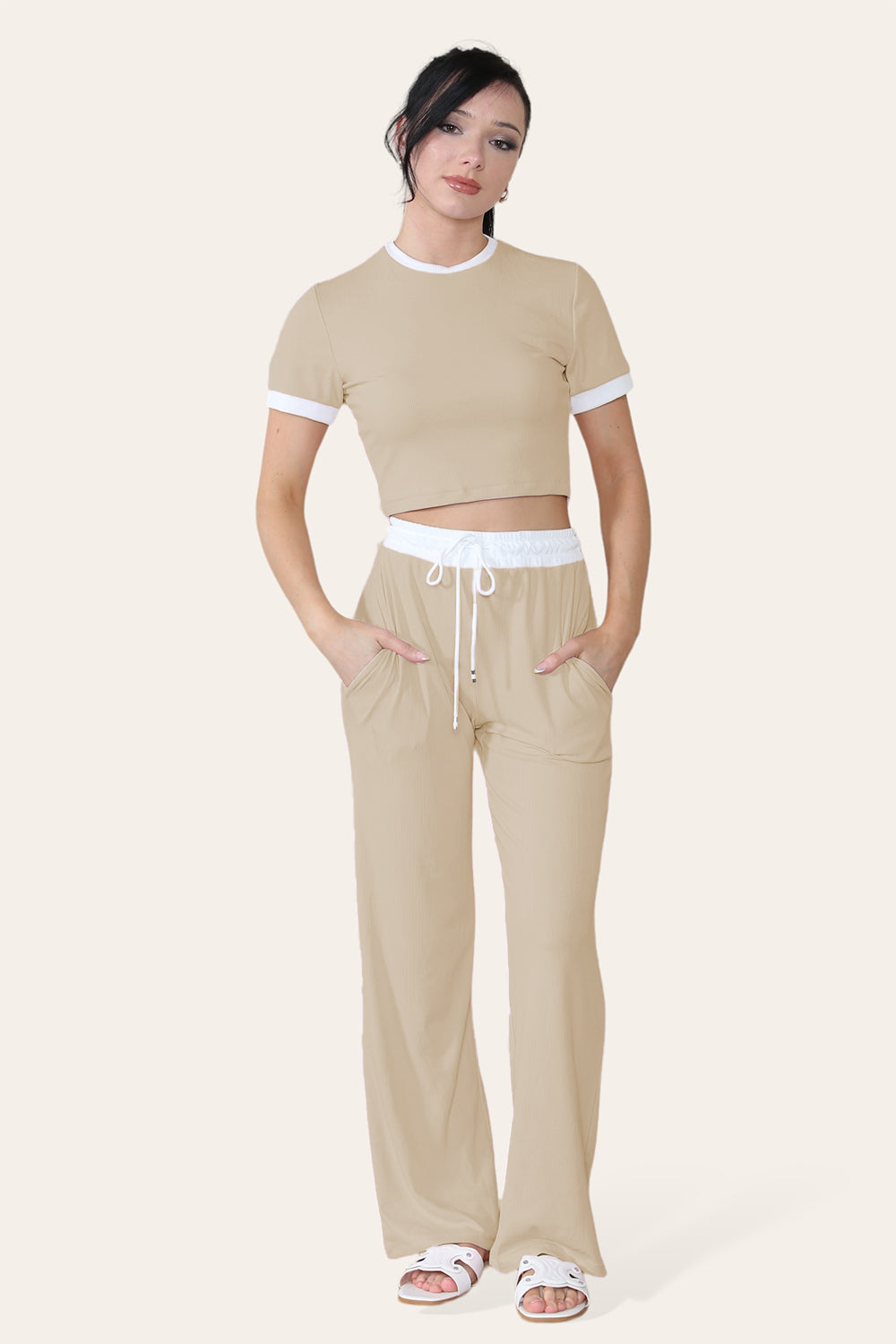 Ribbed Contrast Wide Leg Flared Trousers And Top Loungewear TRS Cropped Set 2 Ribbed Contrast Wide Leg Flared Trousers And Top Loungewear TRS Cropped Set - Image 2