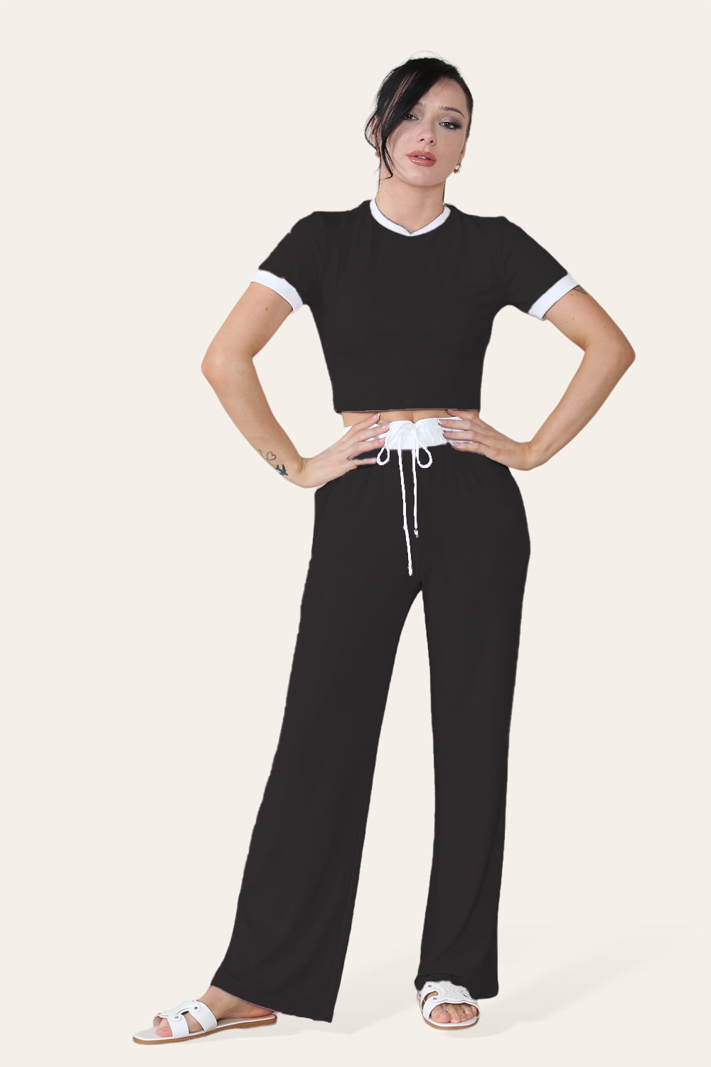Ribbed Contrast Wide Leg Flared Trousers And Top Loungewear TRS Cropped Set 3 Ribbed Contrast Wide Leg Flared Trousers And Top Loungewear TRS Cropped Set - Image 3